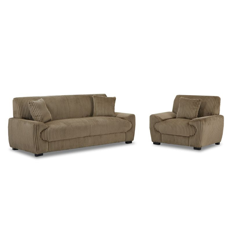 Ensemble canapé 3 places et fauteuil velours côtelé marron, style cosy contemporain