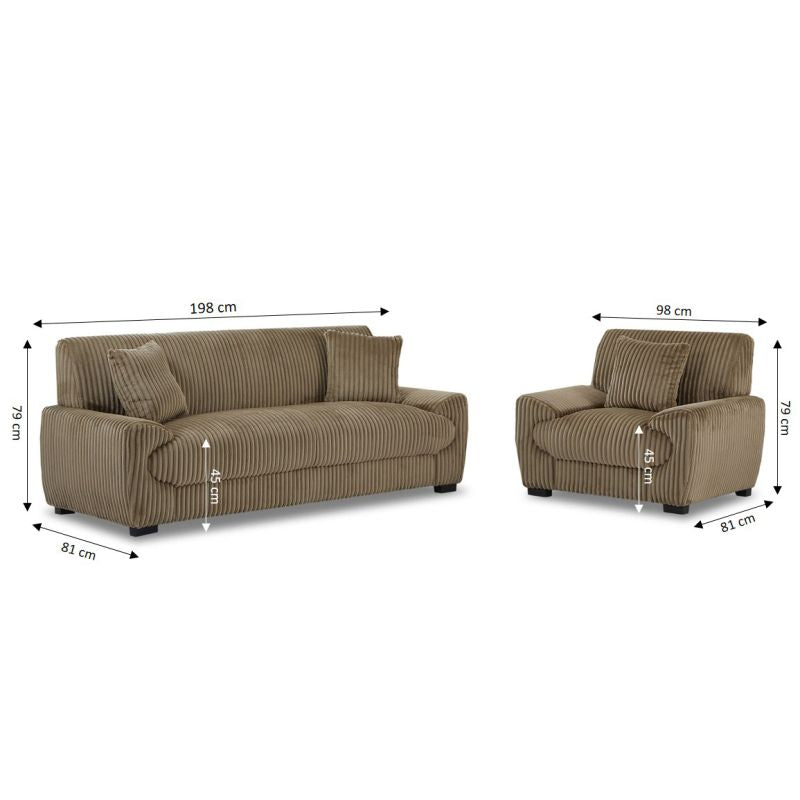 Ensemble canapé droit fixe 3 places + fauteuil 1 place ADEA velours côtelé marron