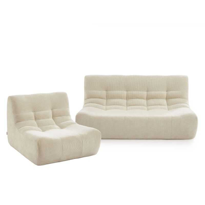 Ensemble canapé et chauffeuse modulable 3 places tissu chenille écru, design contemporain bas