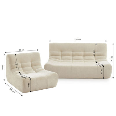 Ensemble banquette et chauffeuse JANIS modulable 3 places tissu chenille écru