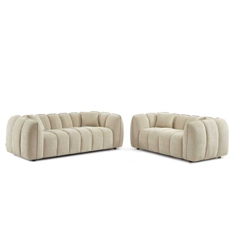Ensemble canapés droits fixes 3+2 places MATILDA tissu chenille beige, style intemporel