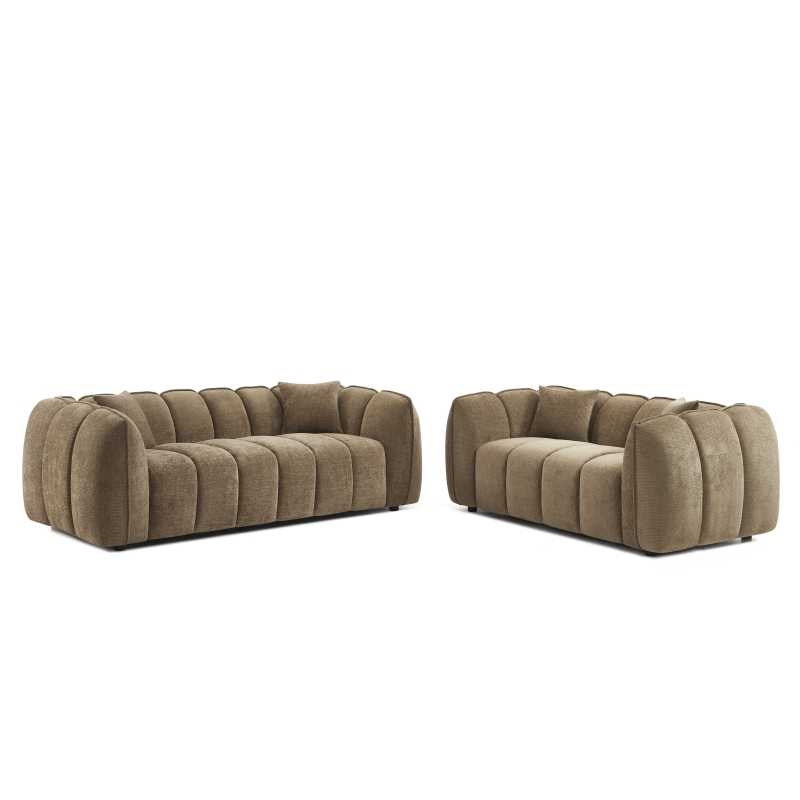 Ensemble canapés droits fixes 3+2 places MATILDA tissu chenille marron style contemporain
