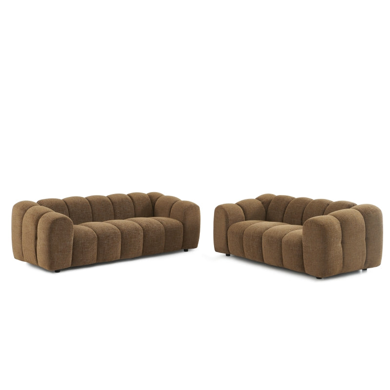 Ensemble canapés droits 3+2 places SUNNY en tissu tweed marron, lignes arrondies