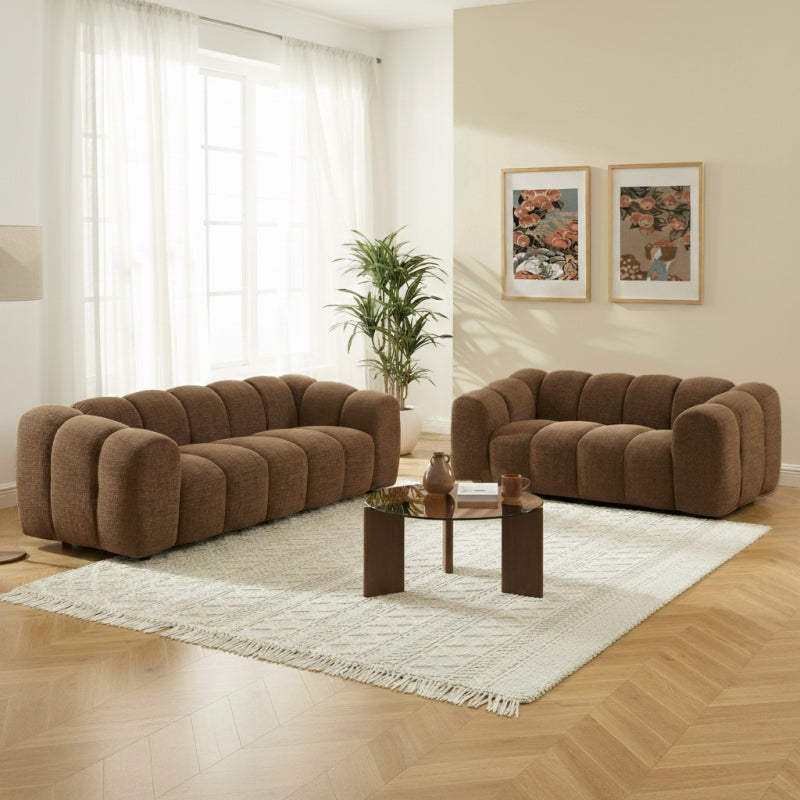 Ensemble canapés droits fixes 3+2 SUNNY tissu tweed marron