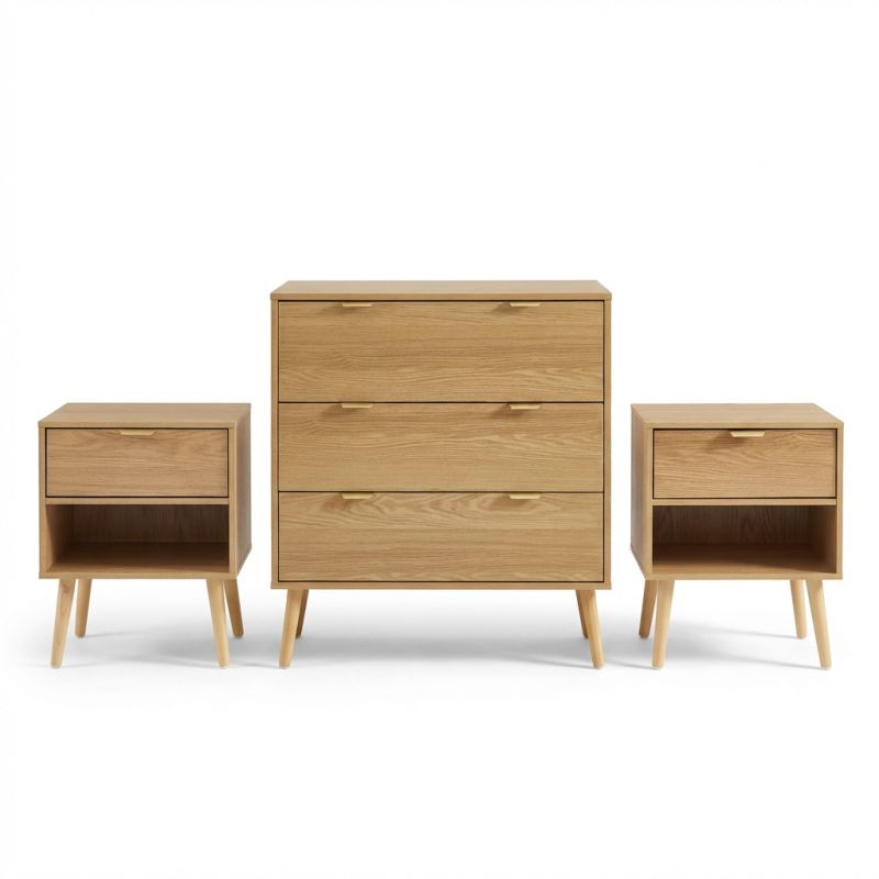 Ensemble commode et 2 tables de chevet effet chêne, style intemporel naturel