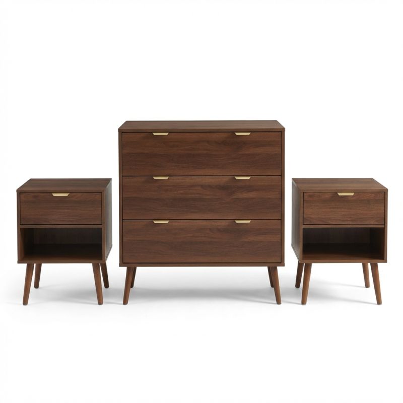 Ensemble commode et 2 tables de chevet effet noyer, style intemporel naturel