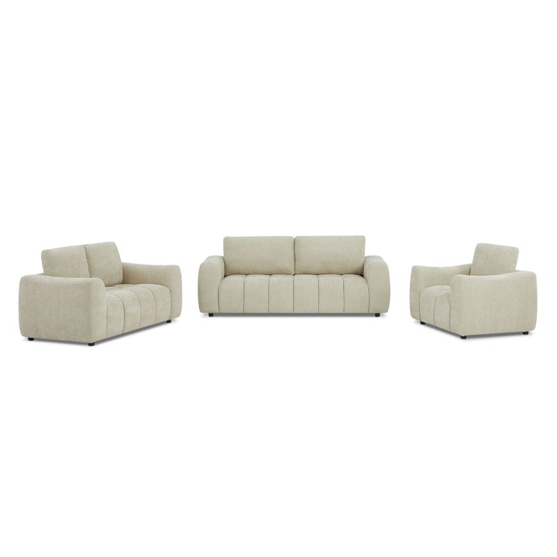 Ensemble canapé 3+2 places et fauteuil KEREA en tissu chenille taupe, salon contemporain