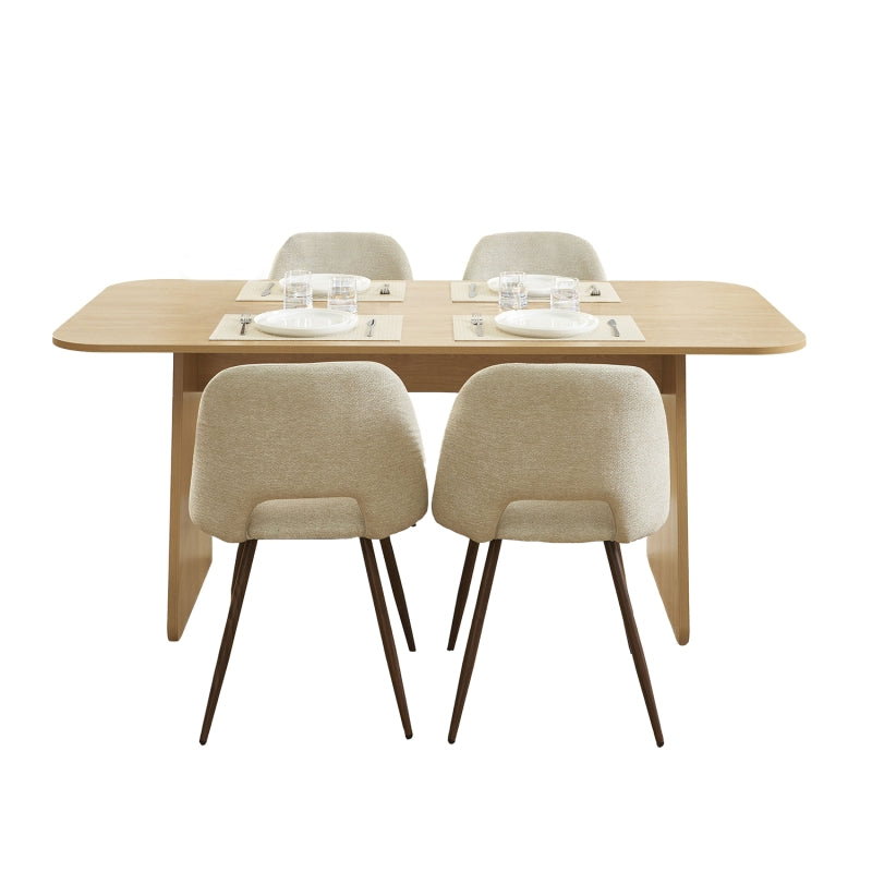 Ensemble table à manger effet chêne et 4 chaises tissu beige pieds noyer, style contemporain