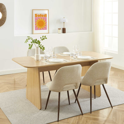 Ensemble repas table à manger LANGO effet chêne et 4 chaises ELISABETH tissu beige pieds effet noyer