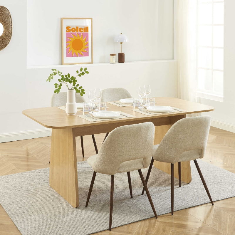 Ensemble repas table à manger LANGO effet chêne et 4 chaises ELISABETH tissu beige pieds effet noyer
