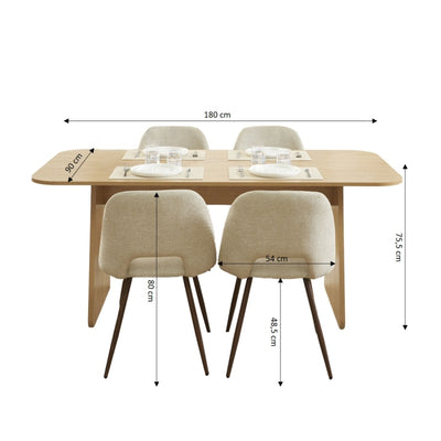 Ensemble repas table à manger LANGO effet chêne et 4 chaises ELISABETH tissu beige pieds effet noyer