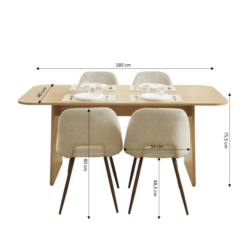 Ensemble repas table à manger LANGO effet chêne et 4 chaises ELISABETH tissu beige pieds effet noyer