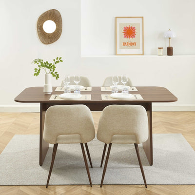 Ensemble repas table à manger LANGO effet noyer et 4 chaises ELISABETH tissu beige pieds effet noyer