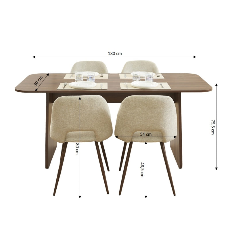 Ensemble repas table à manger LANGO effet noyer et 4 chaises ELISABETH tissu beige pieds effet noyer