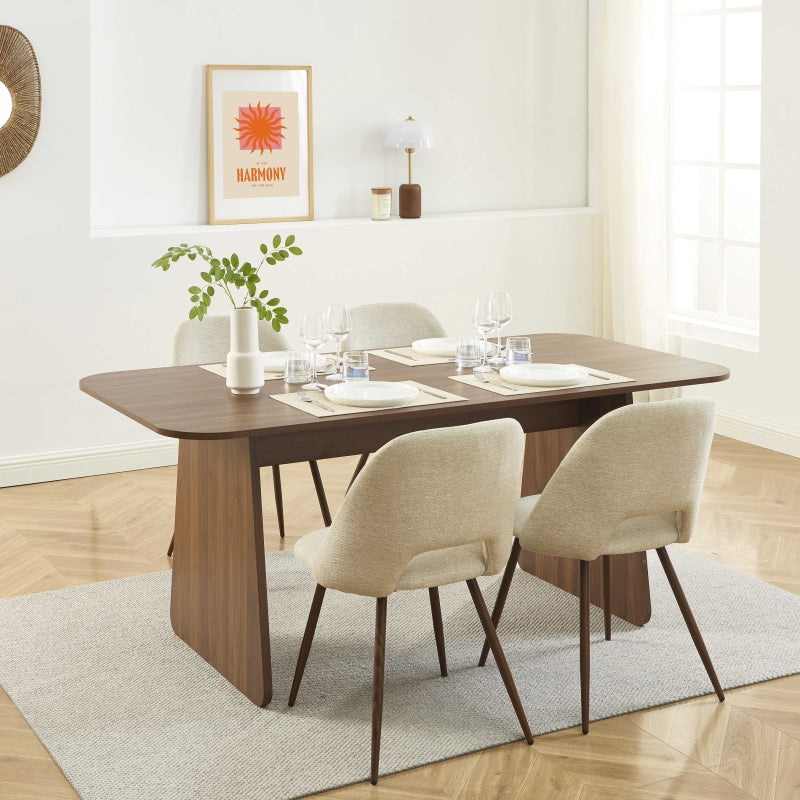 Ensemble repas table à manger LANGO effet noyer et 4 chaises ELISABETH tissu beige pieds effet noyer