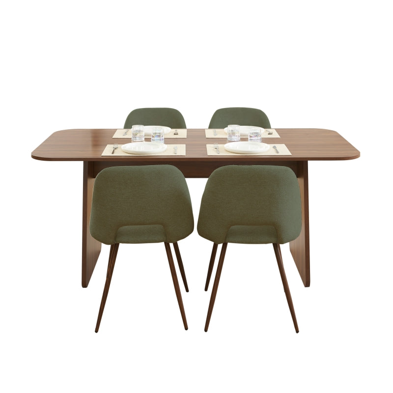 Ensemble repas table LANGO effet noyer et 4 chaises ELISABETH tissu vert, style contemporain