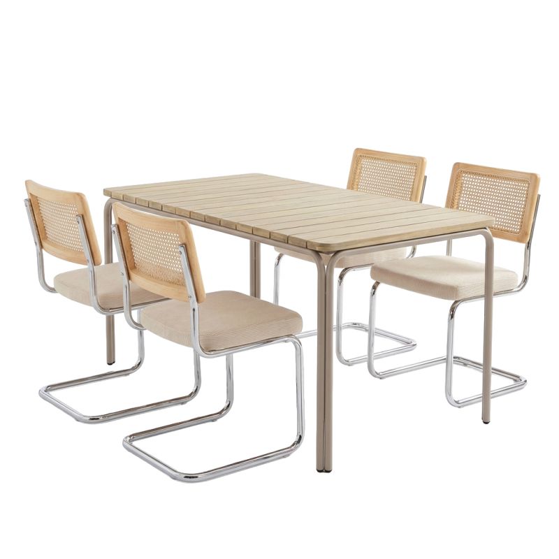 Ensemble repas table bois acacia FSC 160cm et 4 chaises velours côtelé écru, style rétro chic