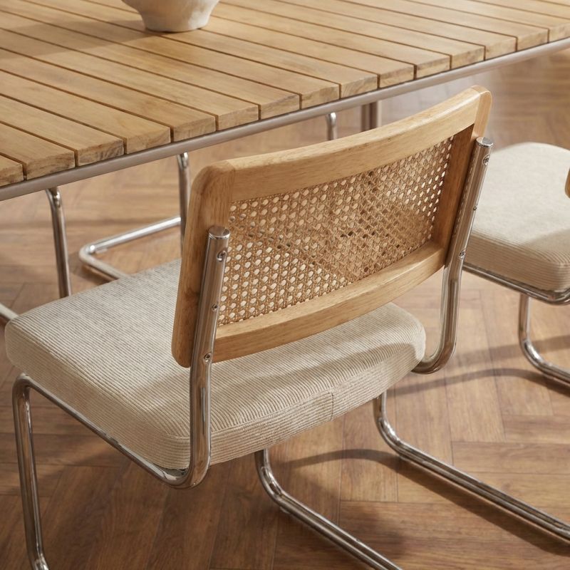Ensemble repas table ASTI bois d'acacia FSC 160cm et lot de 4 chaises ELLA velours côtelé écru