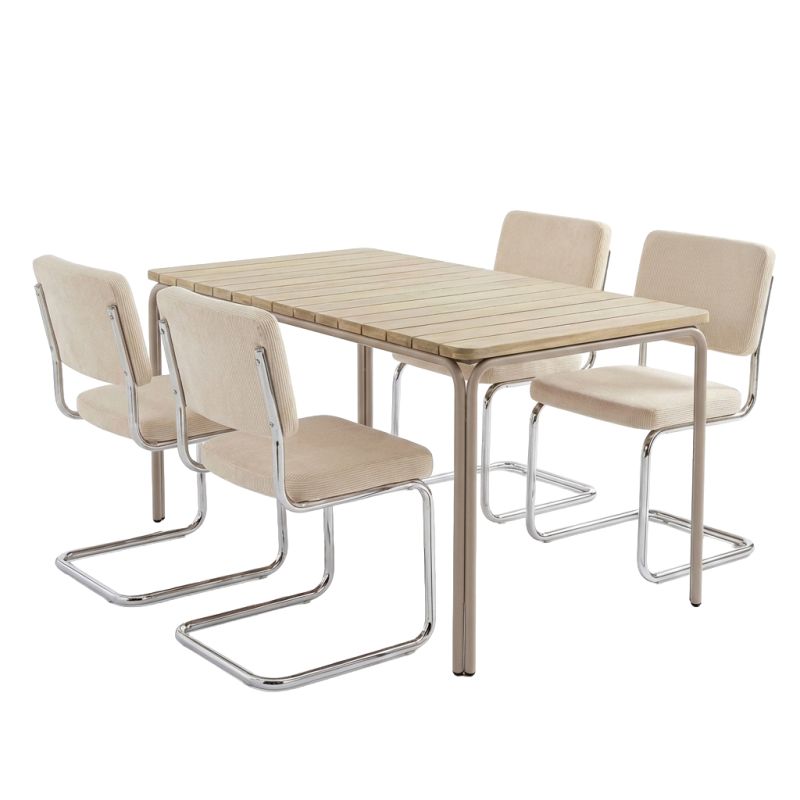 Ensemble table ASTI acacia FSC 160cm et 4 chaises velours côtelé écru, style naturel moderne