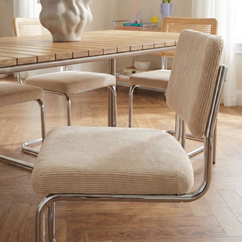 Ensemble repas table ASTI bois d'acacia FSC 160cm et lot de 4 chaises JACK velours côtelé écru