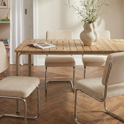 Ensemble repas table ASTI bois d'acacia FSC 160cm et lot de 4 chaises JACK velours côtelé écru