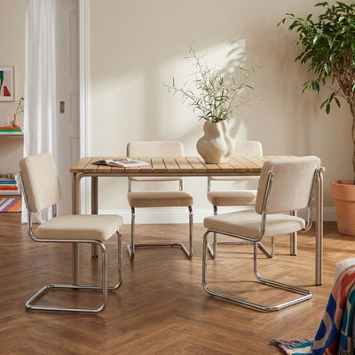 Ensemble repas table ASTI bois d'acacia FSC 160cm et lot de 4 chaises JACK velours côtelé écru
