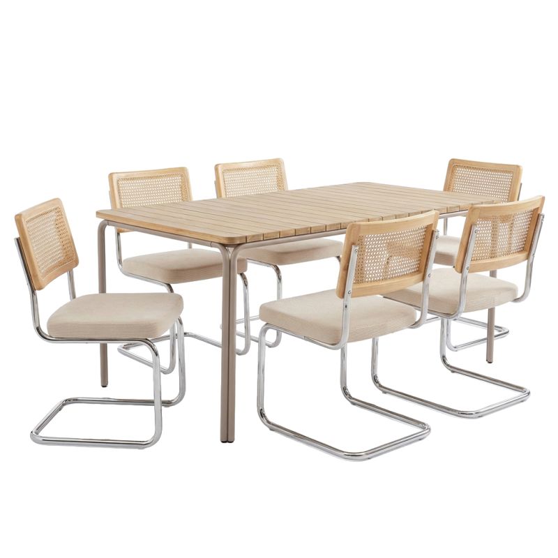 Table ASTI acacia FSC 200cm et 6 chaises ELLA velours côtelé écru, ensemble repas rétro chic