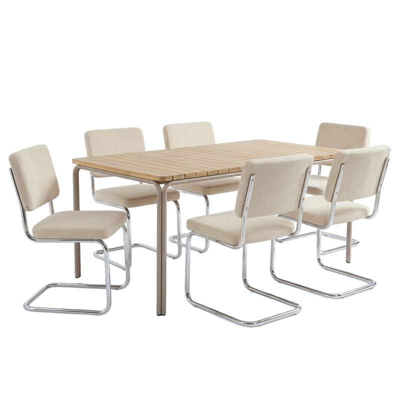 Table ASTI acacia FSC 200cm et 6 chaises velours côtelé écru, ensemble repas style naturel moderne