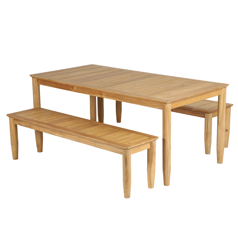 Ensemble table et bancs de jardin 6 places en teck FSC, collection BEAU RIVAGE