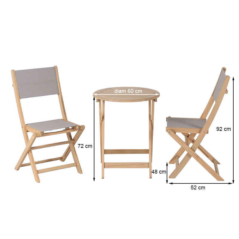 Ensemble table et 2 chaises de jardin RIMINI en bois d'acacia et textilène taupe