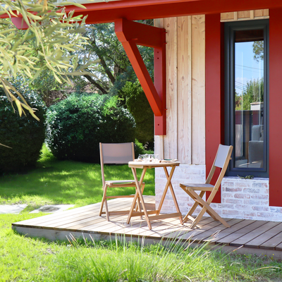 Ensemble table et 2 chaises de jardin RIMINI en bois d'acacia et textilène taupe
