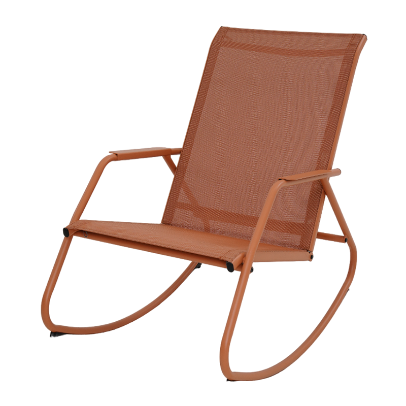 Fauteuil à bascule jardin acier peint et textilène coloris pêche, design cocooning extérieur