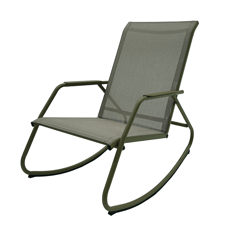 Fauteuil à bascule jardin acier peint et textilène kaki, design cocooning extérieur