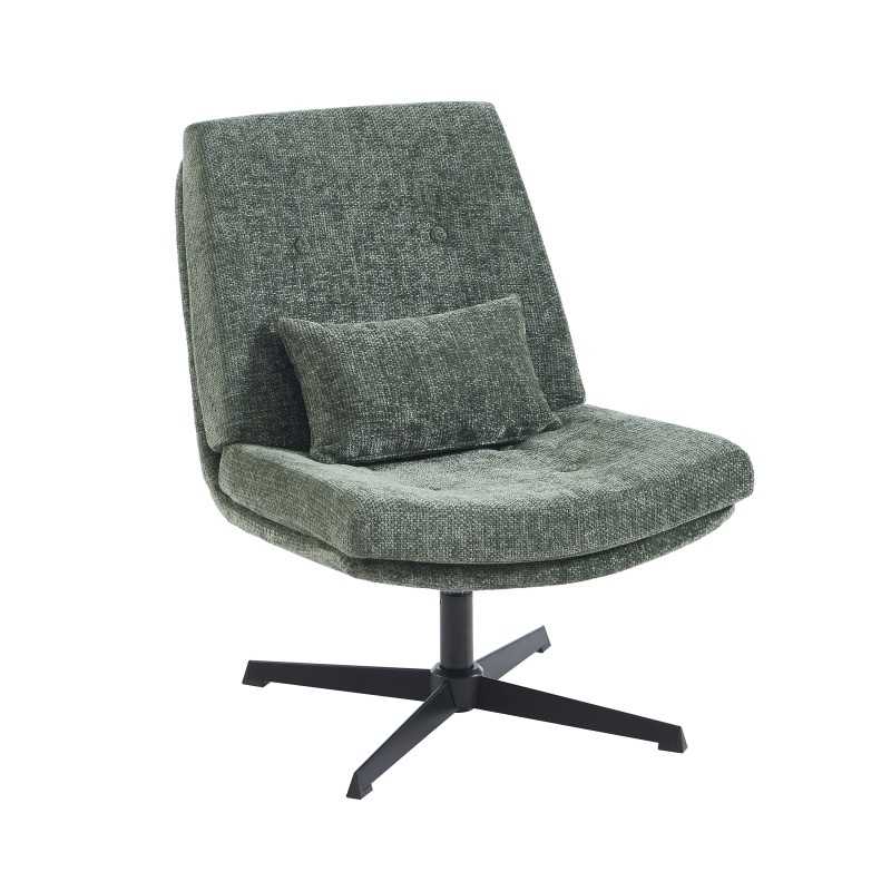 Fauteuil rotatif ANTON tissu vert, piètement métal, design contemporain salon