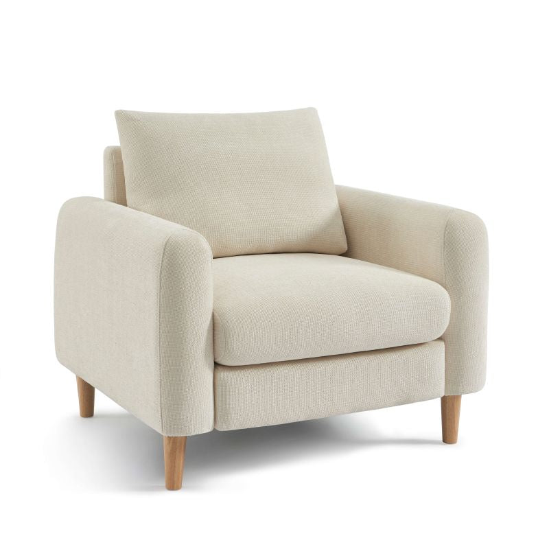 Fauteuil 1 place CALIBA en tissu chenille beige, structure bois eucalyptus, usage quotidien
