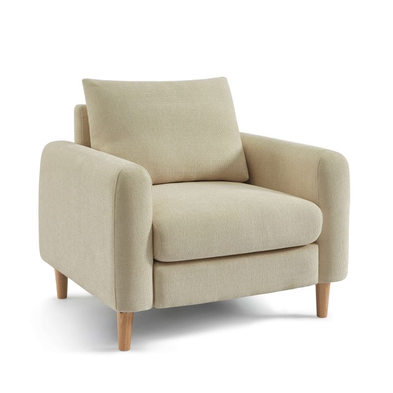 Fauteuil 1 place CALIBA en tissu chenille taupe, structure bois eucalyptus, confort quotidien