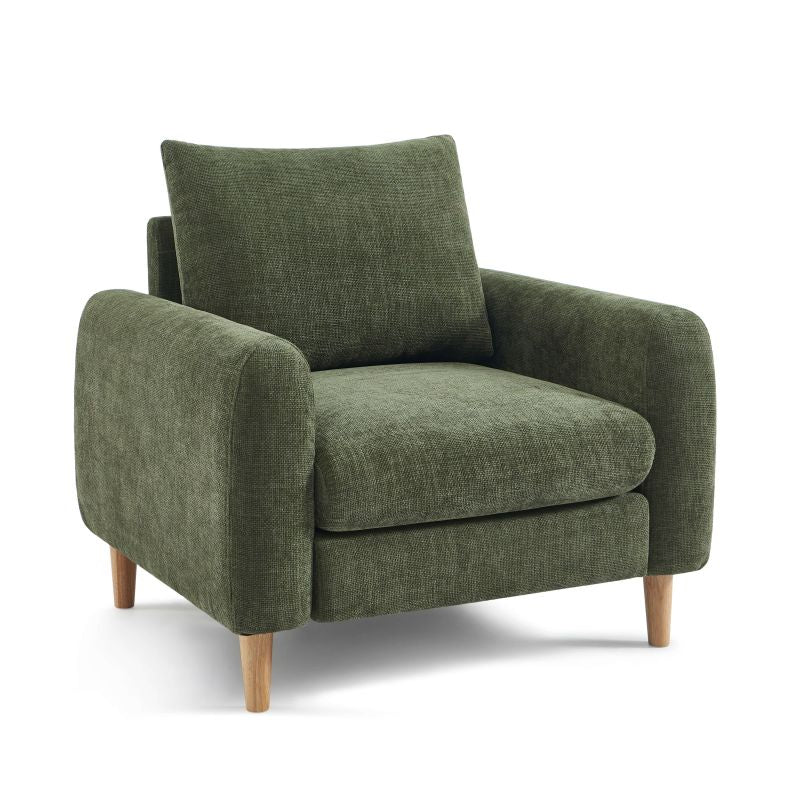 Fauteuil 1 place CALIBA en tissu chenille vert, structure bois, assise confortable salon