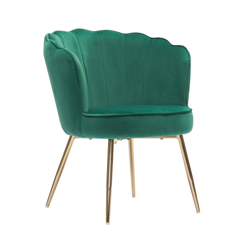 Fauteuil velours vert sapin dossier coquillage et pieds dorés, style contemporain chic