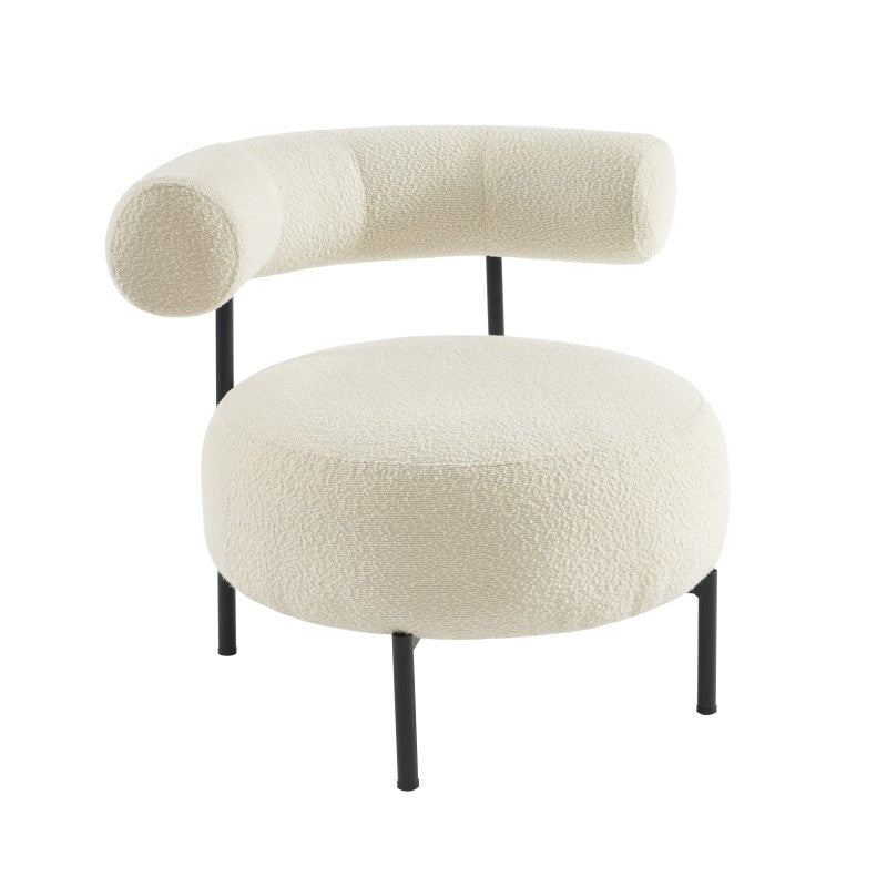 Fauteuil bouclette écrue pieds métal noir, lignes arrondies pour salon contemporain