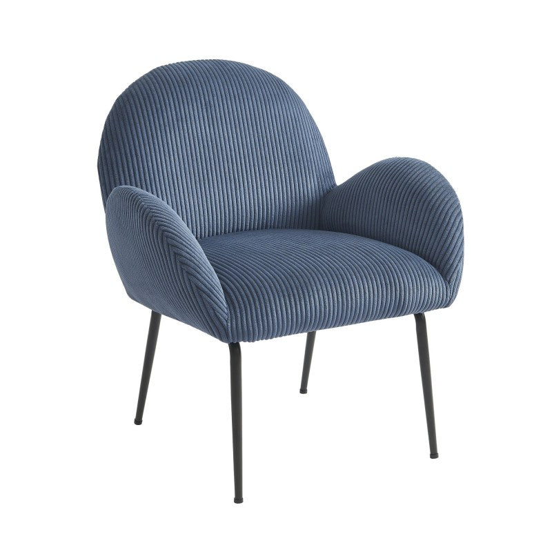 Fauteuil velours côtelé bleu aux lignes arrondies, style vintage accueillant