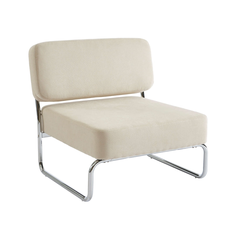Fauteuil design contemporain tissu beige et piètement métal chromé, style moderne