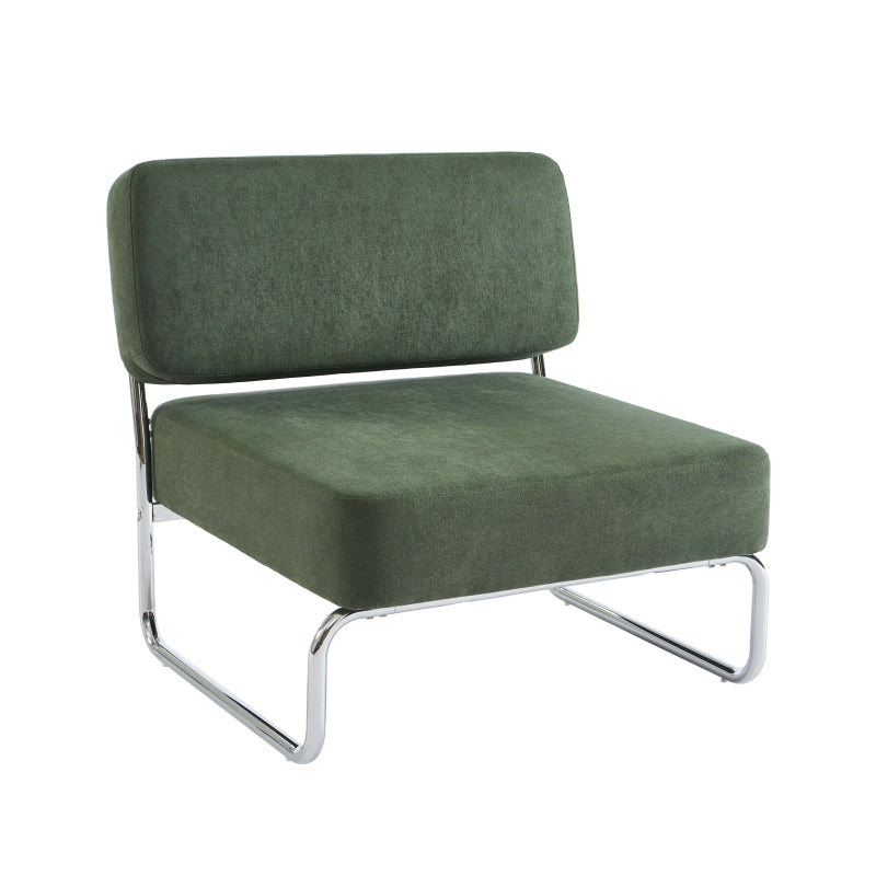 Fauteuil design contemporain tissu vert avec piètement métal chromé, style moderne