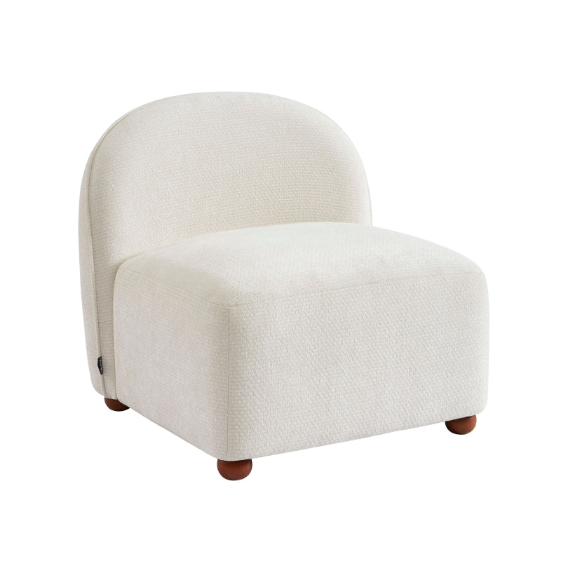 Fauteuil tissu chenille écru pieds boules teintés noyer, style cocooning moderne