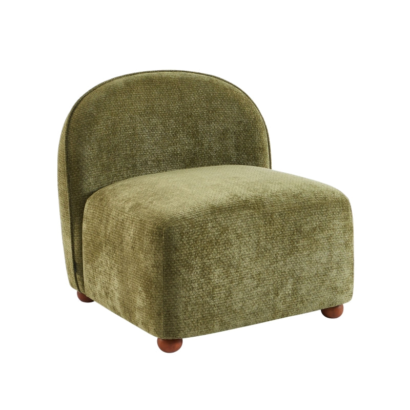 Fauteuil JUDY en tissu chenille vert, pieds boules teintés noyer, design cocooning moderne