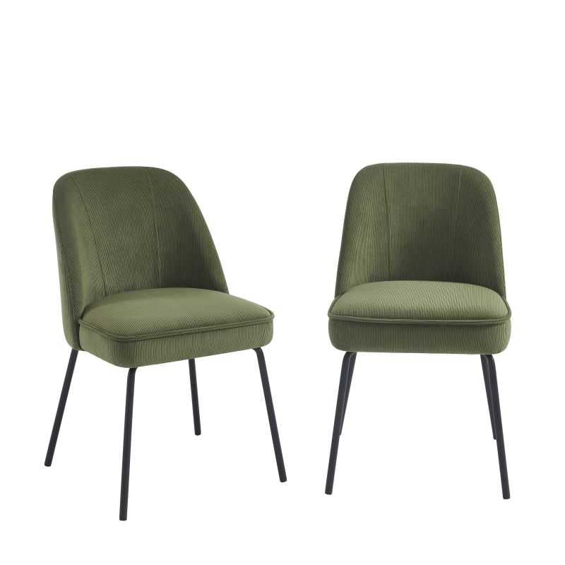 Lot de 2 chaises velours côtelé kaki pieds métal noir, salle à manger moderne