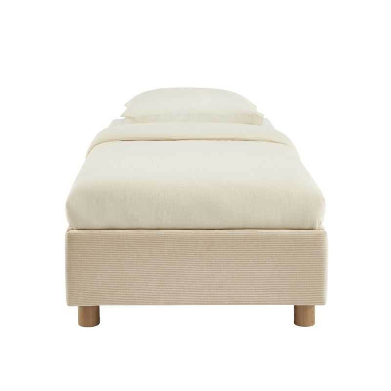 Lit coffre 90x190 velours côtelé beige avec sommier, rangement intégré gain de place
