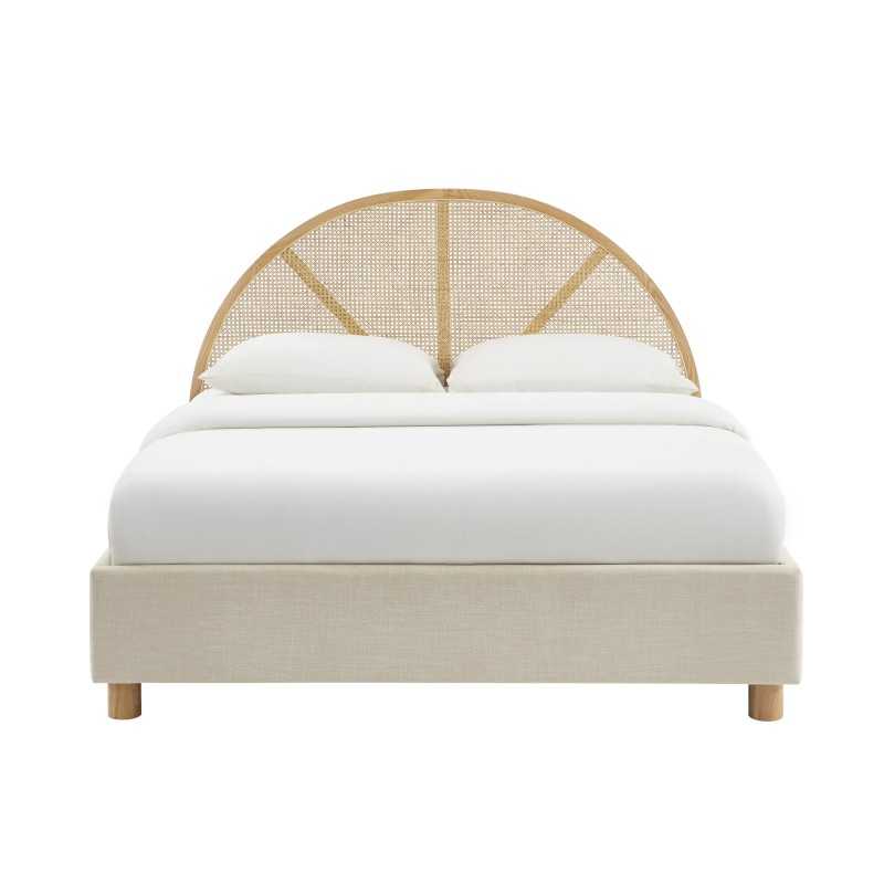 Lit coffre 160x200 tissu beige lin avec cannage, sommier inclus, chambre élégante