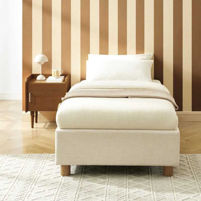 Lit coffre KORALL 90x190 tissu beige lin sommier inclus