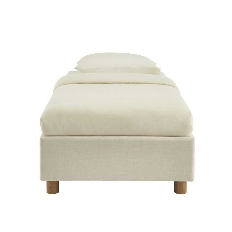 Lit coffre 90x190 tissu beige effet lin avec sommier, gain de place pour chambre ou studio