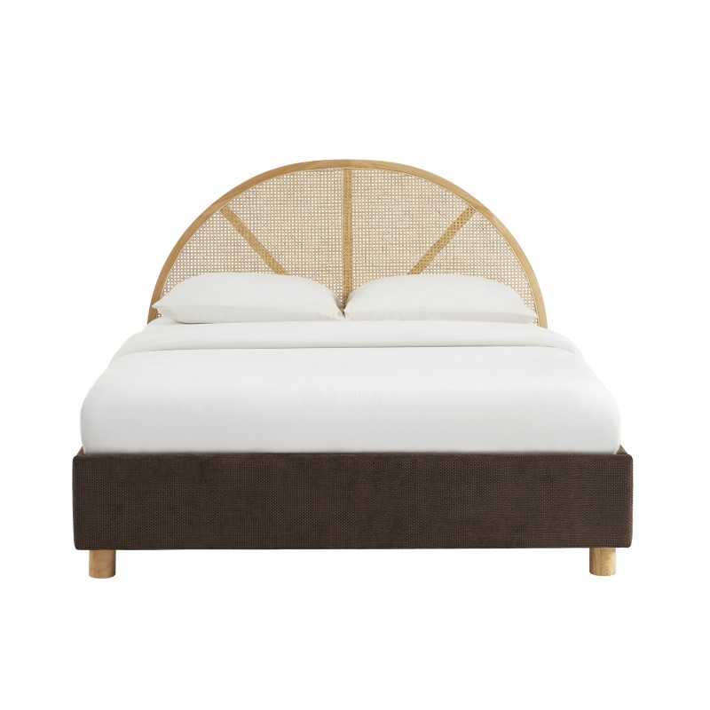Lit coffre velours côtelé marron avec cannage et sommier intégré 160x200, rangement chambre